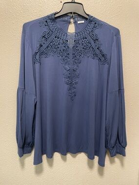Studio 1886 Crochet Yoke Long-Sleeve Blouse - Blue